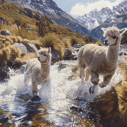 Alpacas playing by a crystal-clear mountain stream