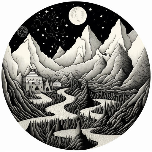 Ink drawing of the dark place with mountains and moon for coloring page