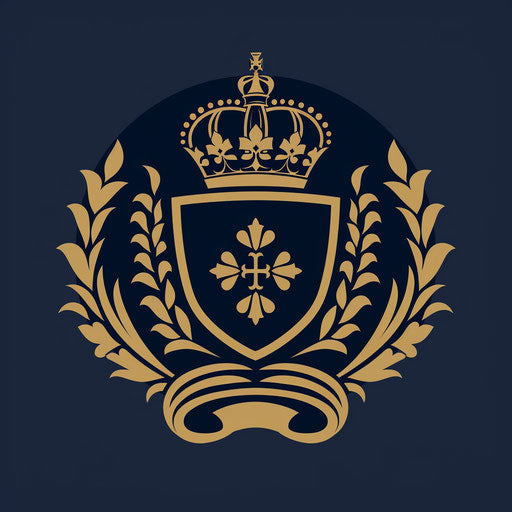 Classic logo with a traditional serif font and a royal crest, in navy blue and gold