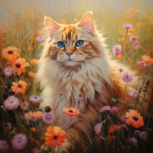 A Siberian cat in a meadow of flowers