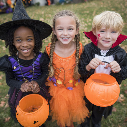 Three Children Smiling in Halloween Costumes