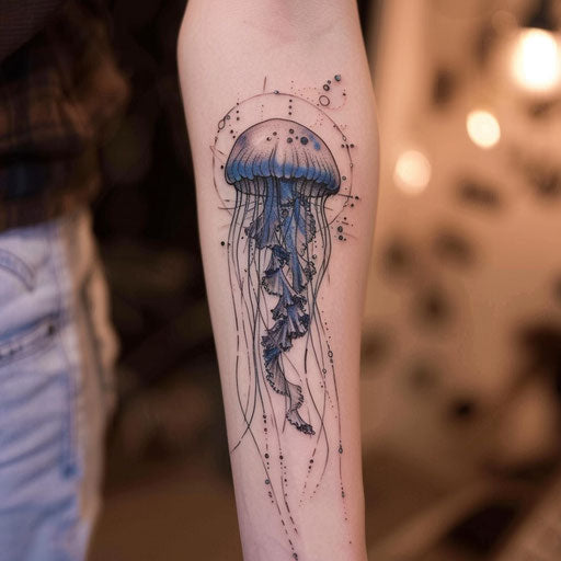 Surreal jellyfish tattoo: space and sea on white canvas