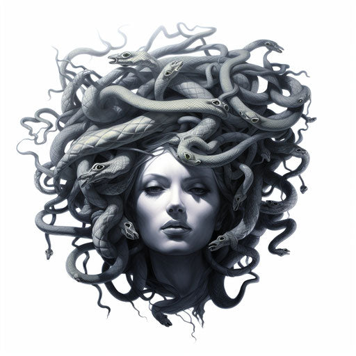 Medusa woman's head with serpents, black and white realism