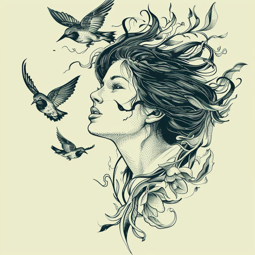 Art deco woman tattoo sketch with flowing birds