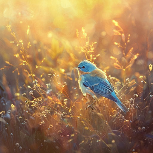 Bluebird in a sunlit meadow with soft lighting