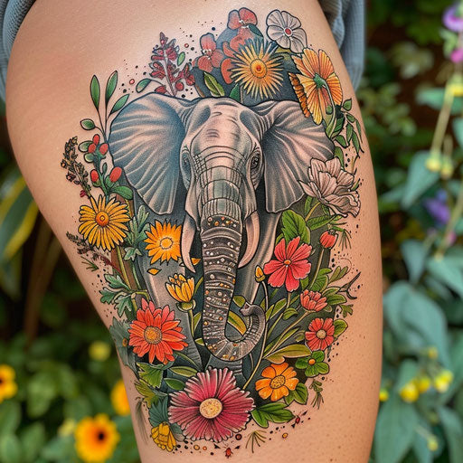 Wildflower tattoo with elephant, vibrant colors, intricate details, majestic