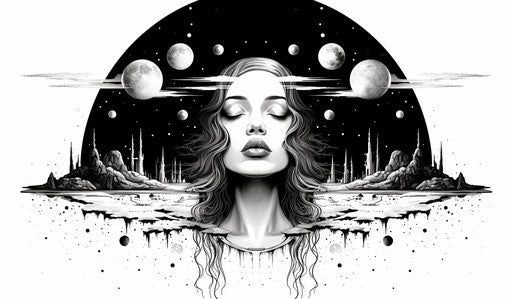 Women over islands with the moon and spaceship