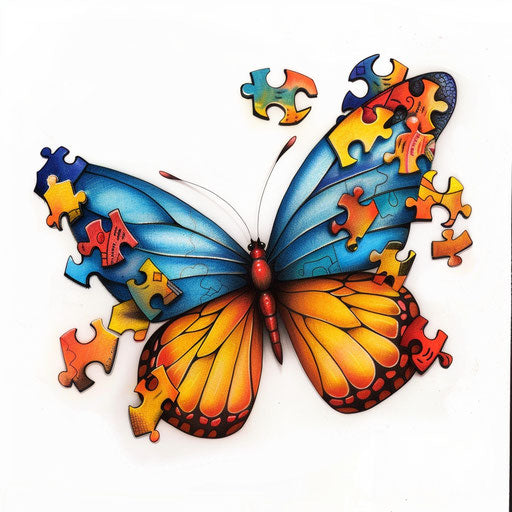Colorful autism puzzle butterfly on white background
