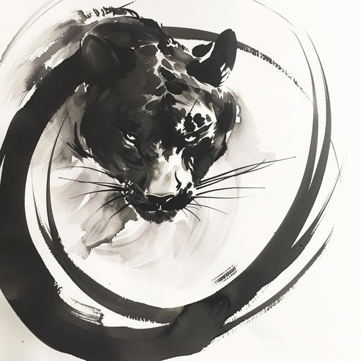 Zen ink brush style panther tattoo on white rice paper