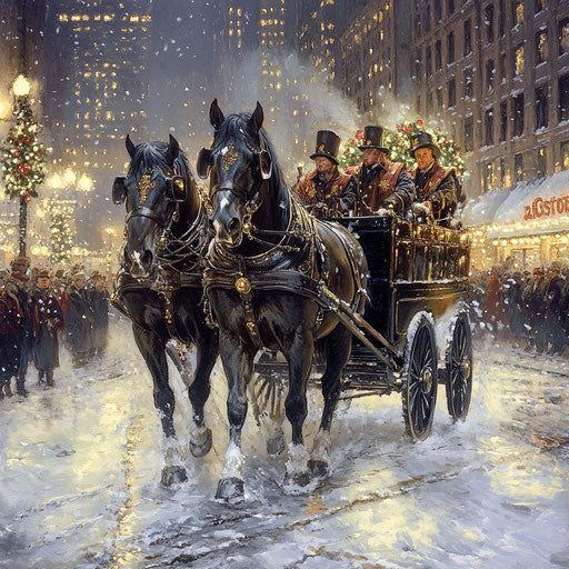 Black Clydesdales pulling wagon filled with carolers through bustling city street