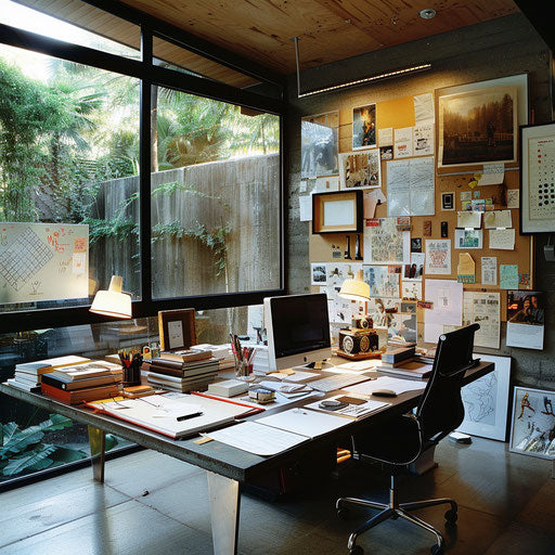 An artistic home office space with a sleek desk and plenty of natural light