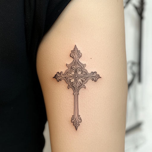 Ornate gothic cross tricep tattoo inspired by Ami James