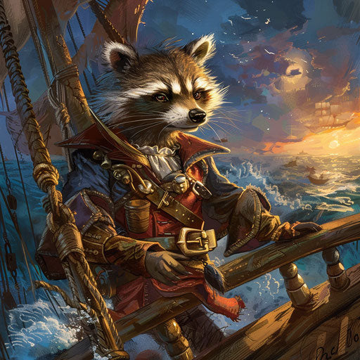 A raccoon pirate sailing the high seas in search of treasure
