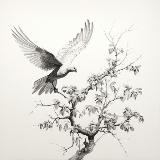 Dove flying with tree branch