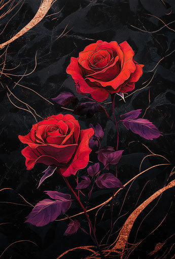 Red roses, vector art, black background, red and dark purple gradient colors