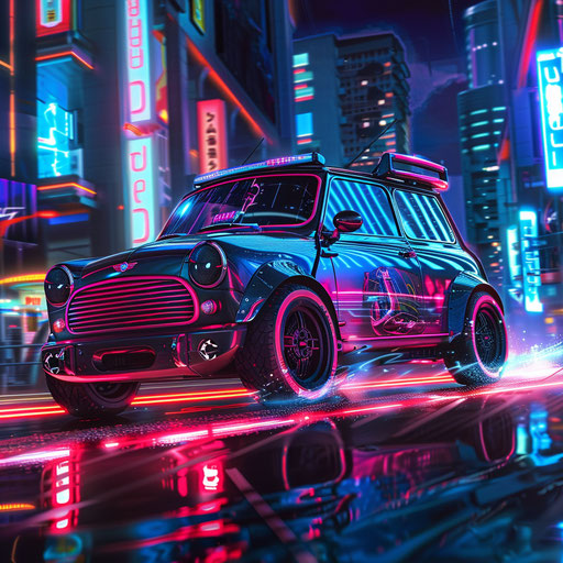1980 Mini Cooper transformed into sleek electric future concept car cruising through neon-lit cyberpunk cityscape
