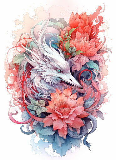 Asian lotus flower dragon tattoo drawing