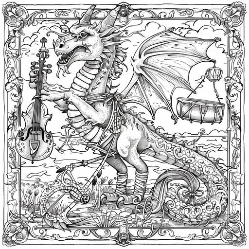 Dragon parade with musical instruments, Gennady Spirin style