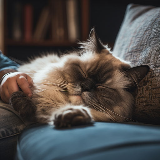 Himalayan cat sleeping on a couch with its owner