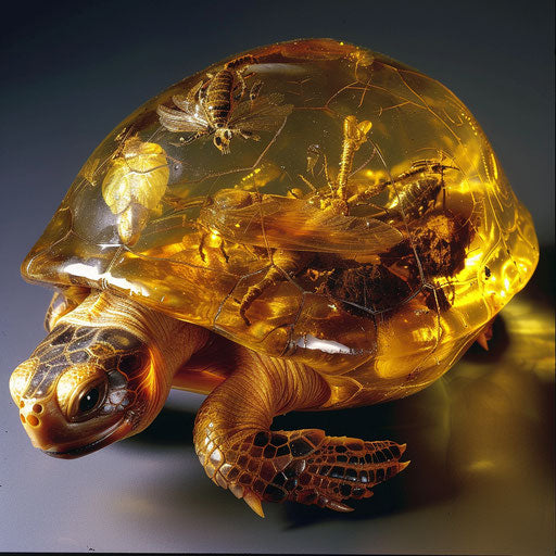 A turtle with a shell made of polished amber, containing prehistoric insects.