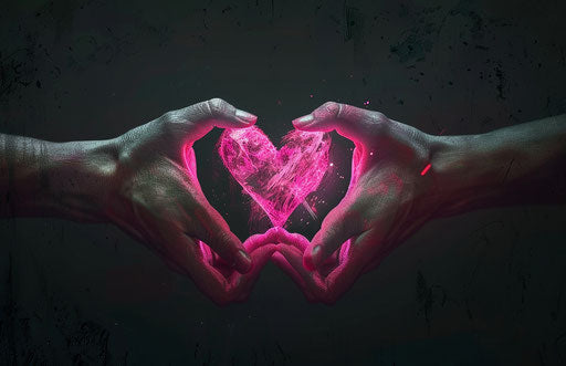 Hands with pink heart forming a kiss symbol