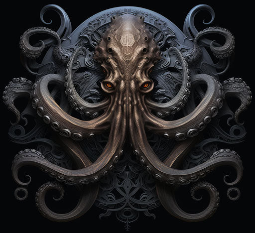 The drawing of the octopus with tentacles, in dark silver style