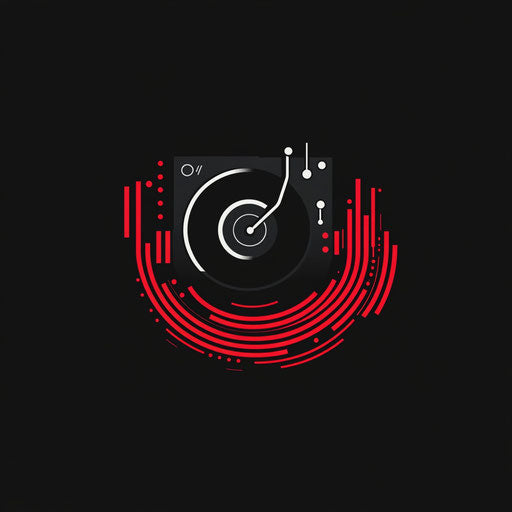 Creative DJ logo with minimalistic turntable silhouette and subtle soundwave details, sleek typography in cool gray and red palette, isolated on flat black background.