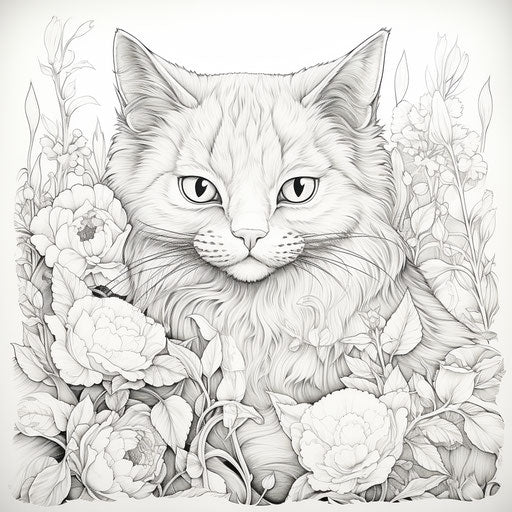 Cat outline and rose bushes on white background adult coloring book royalty illustration, in the style of Flickr, Robert Bissell