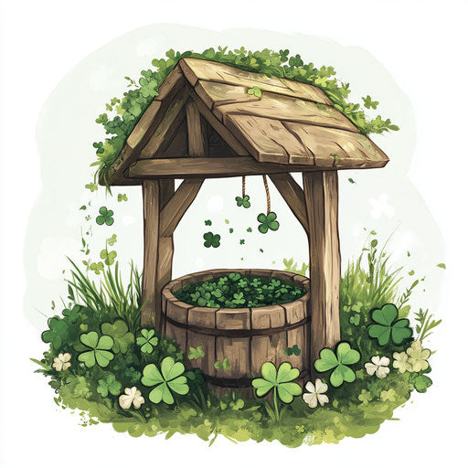 Wooden well with green clovers for St. Patrick's Day
