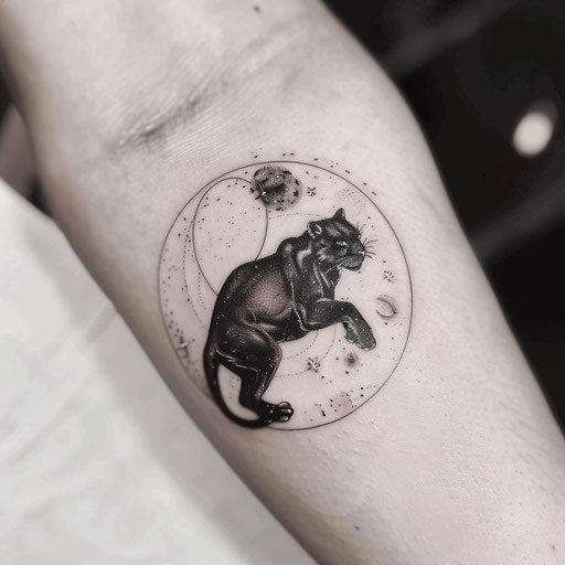 Surreal black panther tattoo with cosmic elements