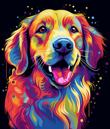 Golden retriever dog portrait in rainbow colors