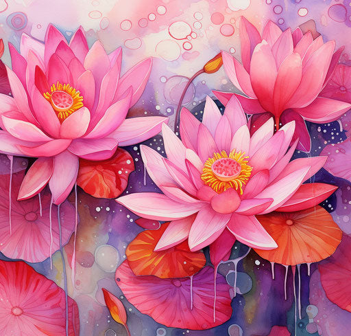 Water Lily Watercolor in Buddhist Style Light Red and Magenta