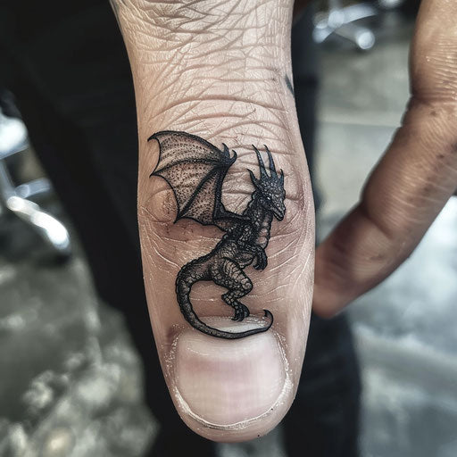 Finger tattoo with a miniature fantasy dragon, Peter Jackson style