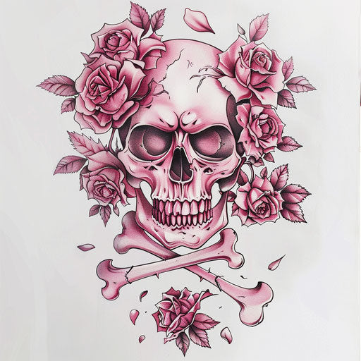 Edgy flat tattoo sketch of a pink skull with crossbones adorned with roses