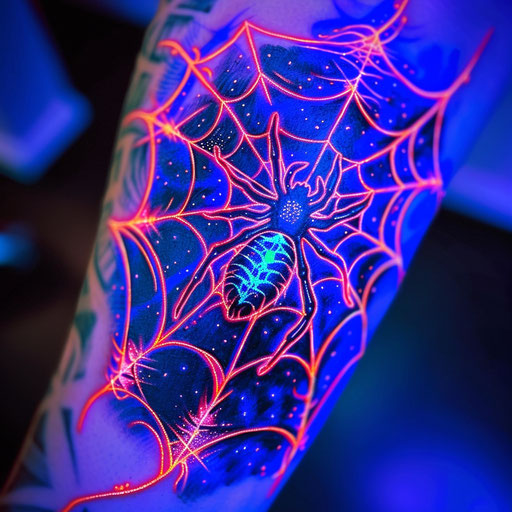 Colorful neon spider web tattoo with bright blue and pink lines