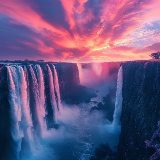 Victoria Falls with majestic mist and colorful sky