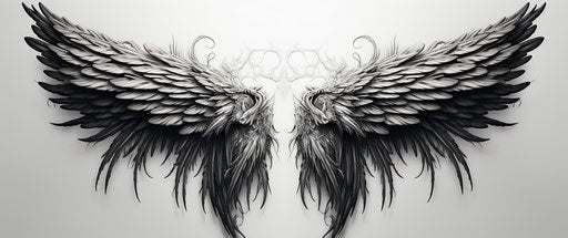 Black and white wings on white background, realistic style, symmetrical designs
