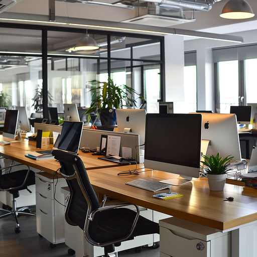 Well-organized office with spacious desks and modern computers