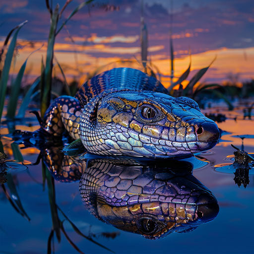 Blue tongue skink near reflective water at dusk