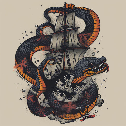 Adventurous exploration of a serpent in a shipwreck, clipart style