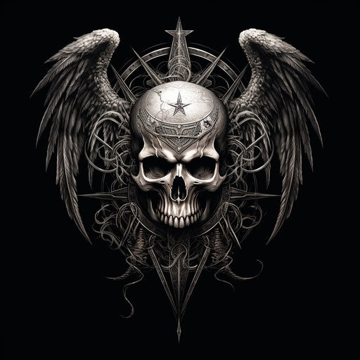Skull in pentagram form with wings, cobra style, layered composition
