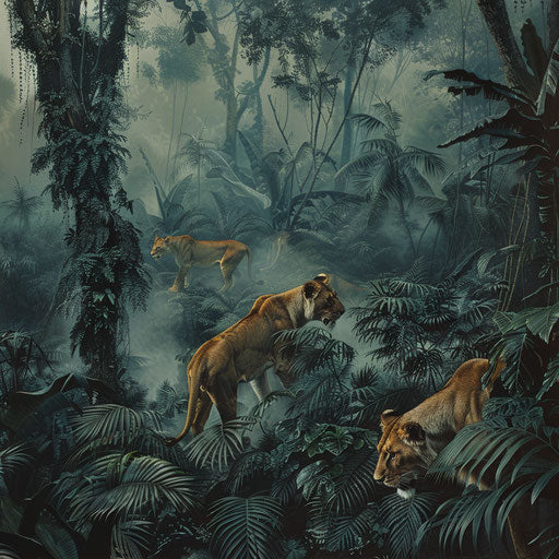 Lions hunting in misty jungle