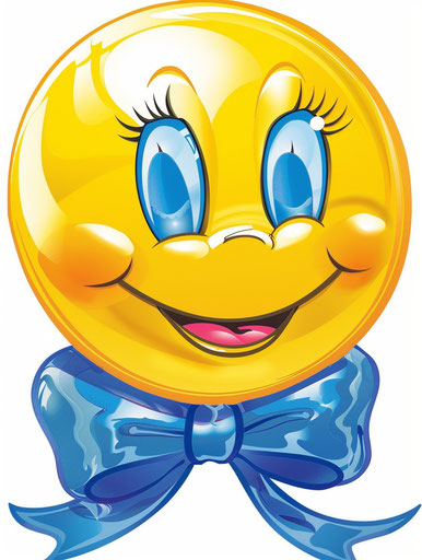 Smiling yellow emoticon with blue bow