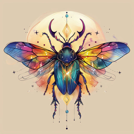 Ethereal tattoo sketch of a beetle with translucent wings and shimmering colors in a flat clipart style