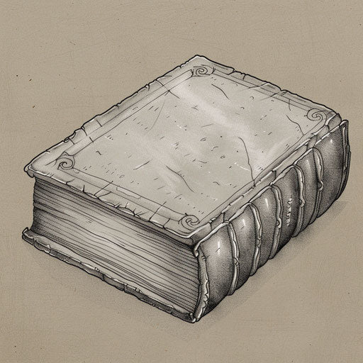 Rustic flat tattoo sketch of a micro realism leather-bound book spine