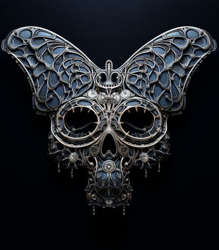 Skull logo and butterfly in black and white, intricate design
