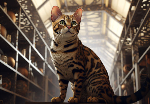 Bengal cat sitting on shelves looking up