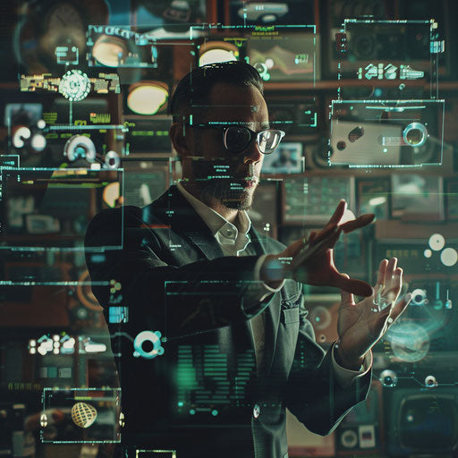 Businessman interacting with high-tech gadgets