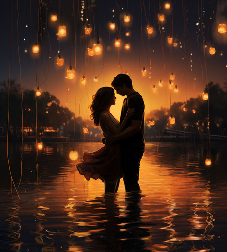 Embrace by lake with colorful lights behind