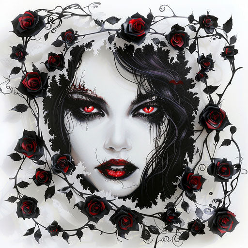 Eerie portrait of a gothic vampire queen, glowing red eyes